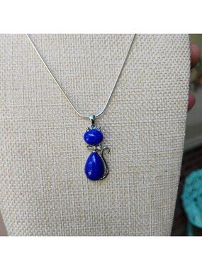 Sterling Silver Rhinestone Blue Lapis Lazuli Boo Boo Kitty Cat Pendant Necklace